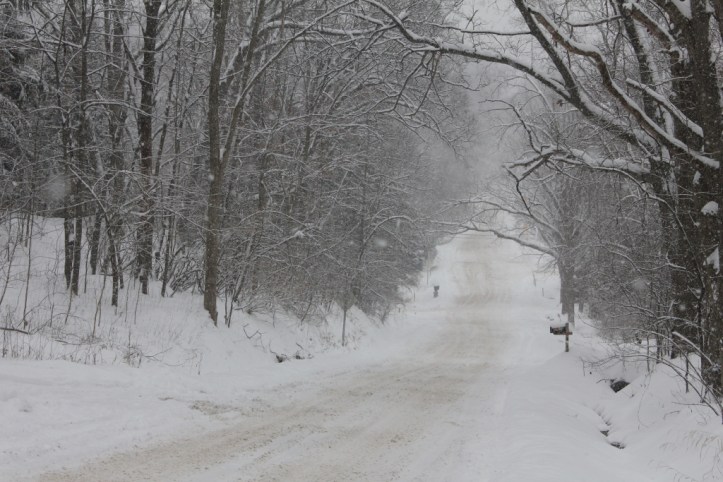 Looking down our slippery road that, for once, is quiet.