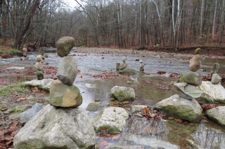 Stone cairns in the river at Brecksville Reservation, Ohio.