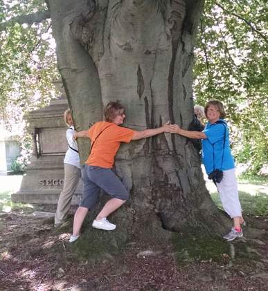 Hugging a tree with Julie Heitz at Woodlawn Cemetery